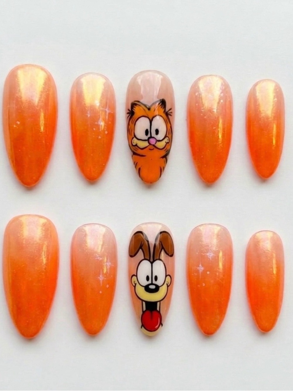 Orange Iridescent Press-On Nails with Cartoon Accent